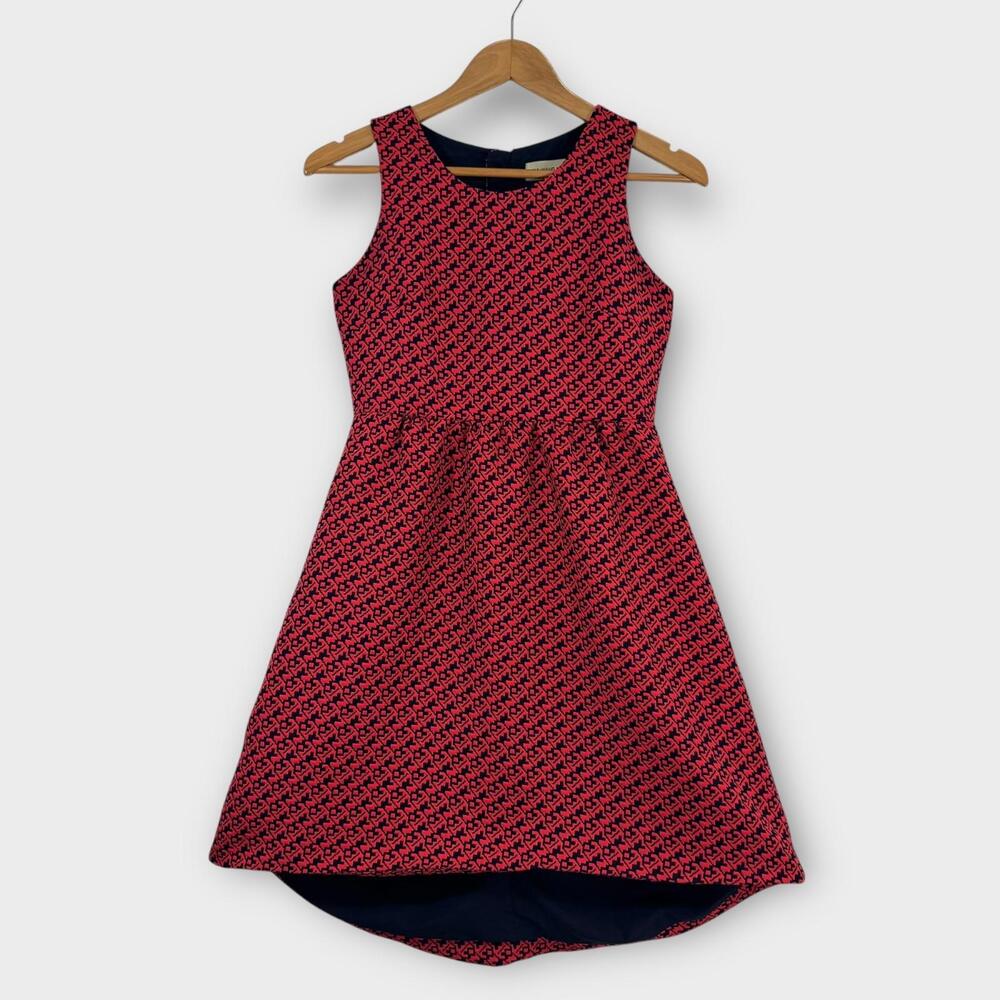 Anthropologie Lili Wang Women’s Size 2 Red Blue Geometric Jacquard Hi Lo Dress